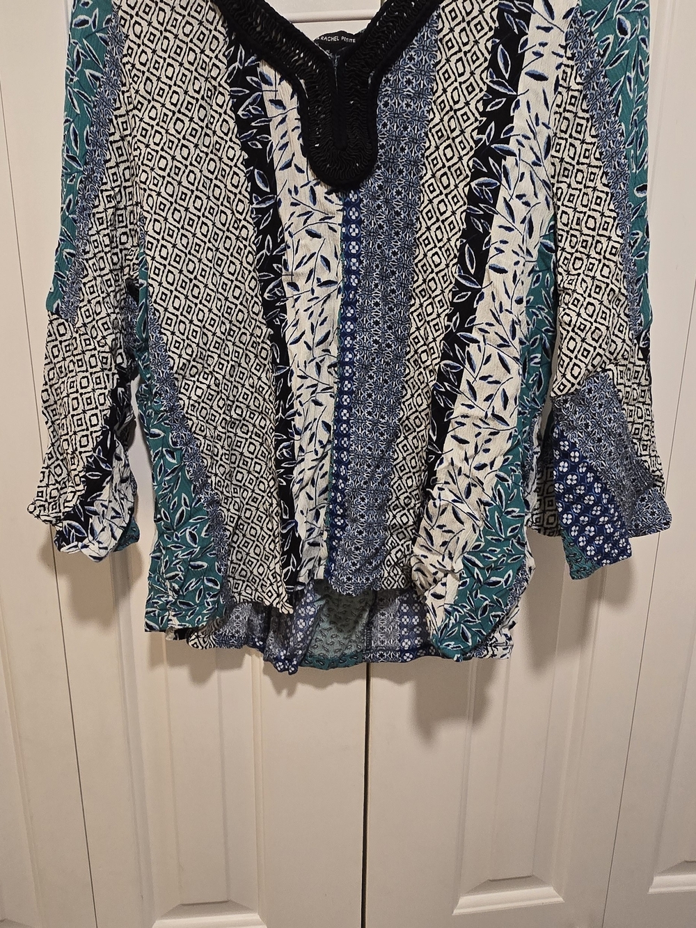Zac & Rachel Mixed Blue Teal Patchwork Peasant Blouse